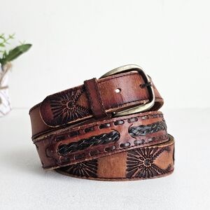 Vintage Tooled Leather Belt Men Size 40 Western Boho Cowboy Cowgirl Folk Art